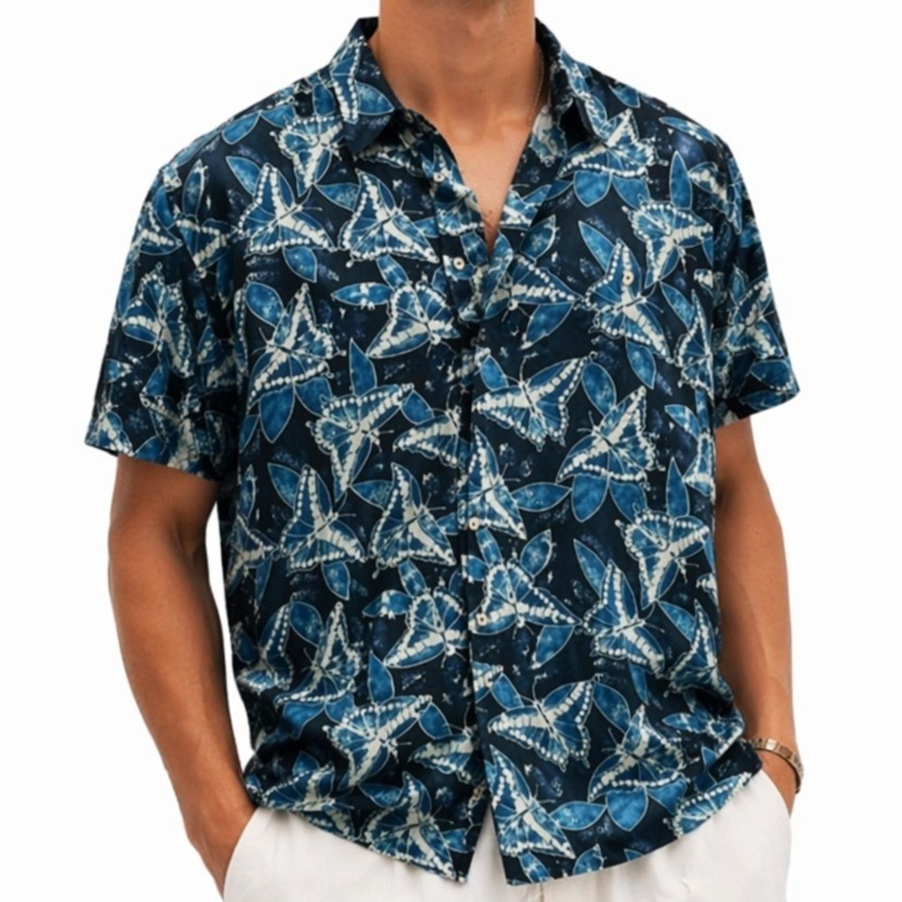 Burma Bibas Shirt Mens L Blue Butterfly Print Silk Short Sleeve Tropical Resort